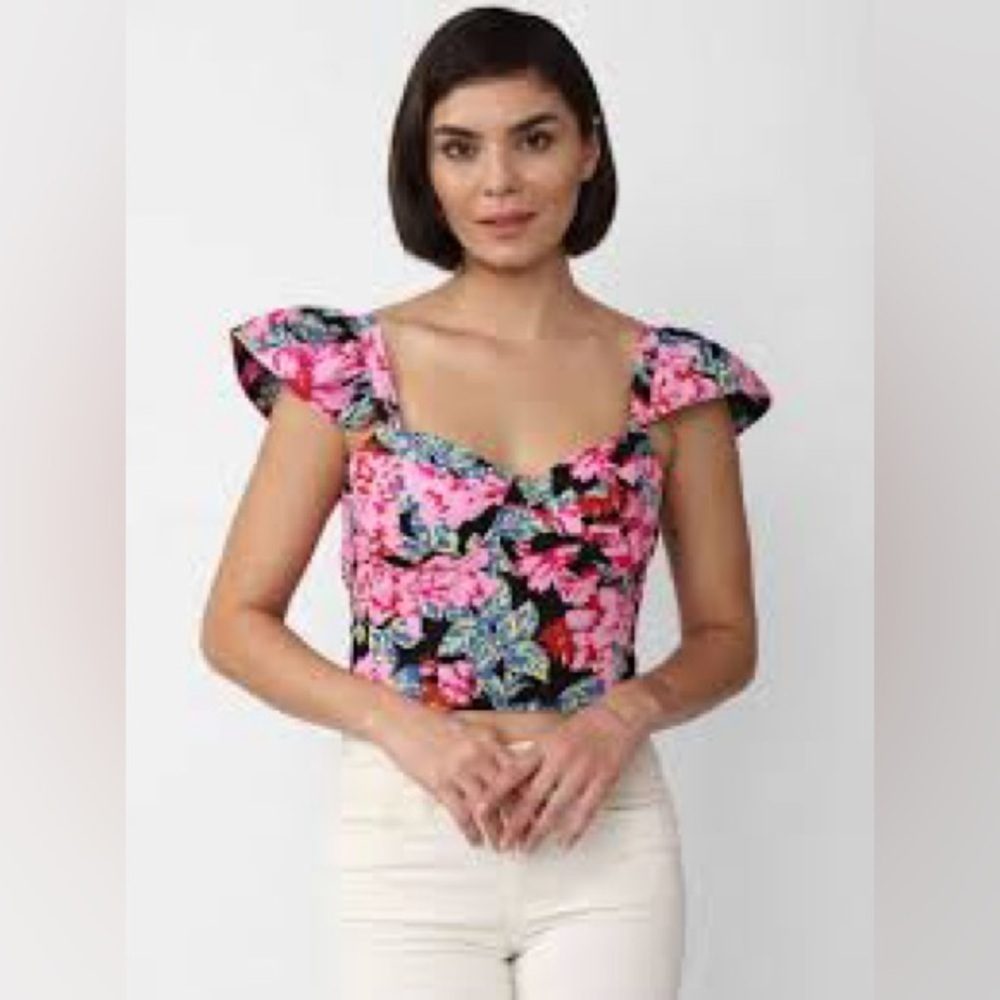 Forever 21 Floral Ruffle Sleeve Corset Top Pink and Black Size M